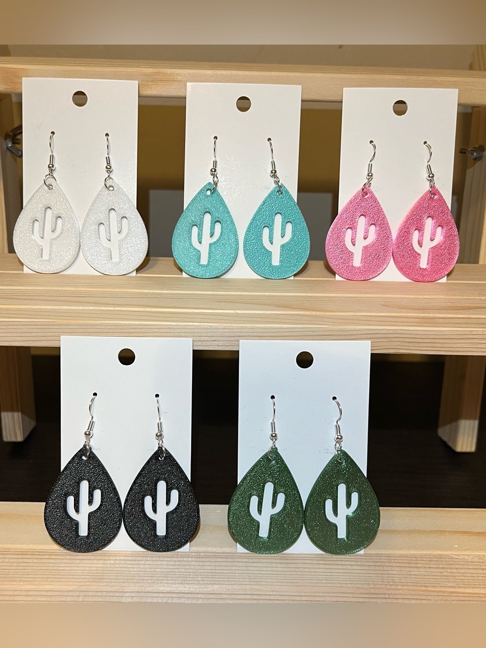 1 Pair Cactus Teardrop Earrings in White, Teal, Pink, Black & Green
